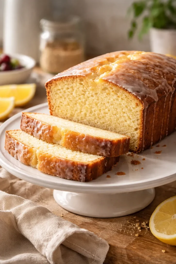 Moist pound cake slice on plate with warm lighting