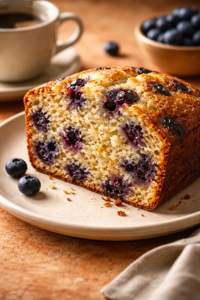 Slice of moist blueberry muffin bread with visible berry pockets