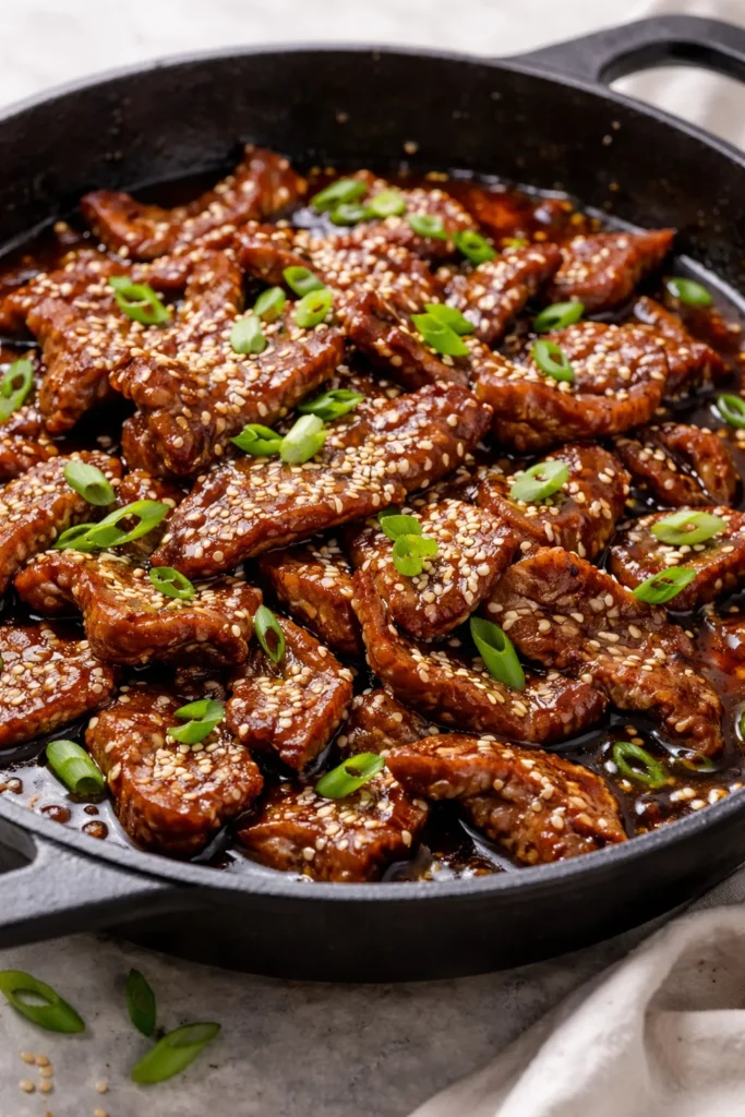 Sizzling Mongolian beef in glossy sauce with sesame seeds