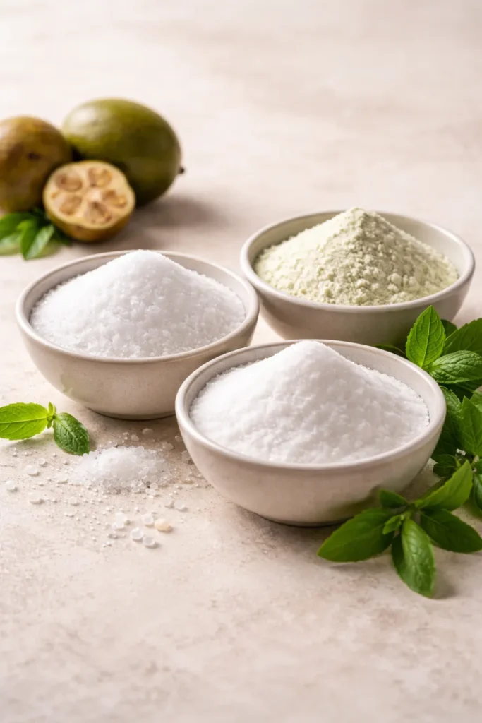 Three bowls of sugar substitutes in a neutral setup, no labels visible.