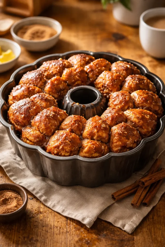 Pull-apart monkey bread pieces in Bundt pan coated with cinnamon sugar