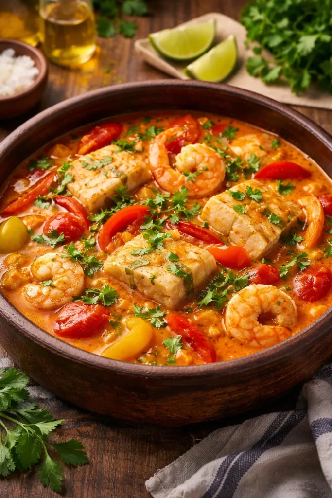 Moqueca in a clay pot with coconut broth and fish