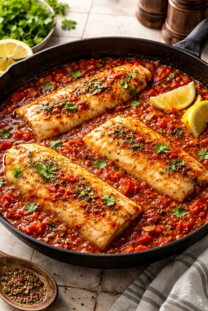 Fish in spiced tomato sauce with Moroccan spices
