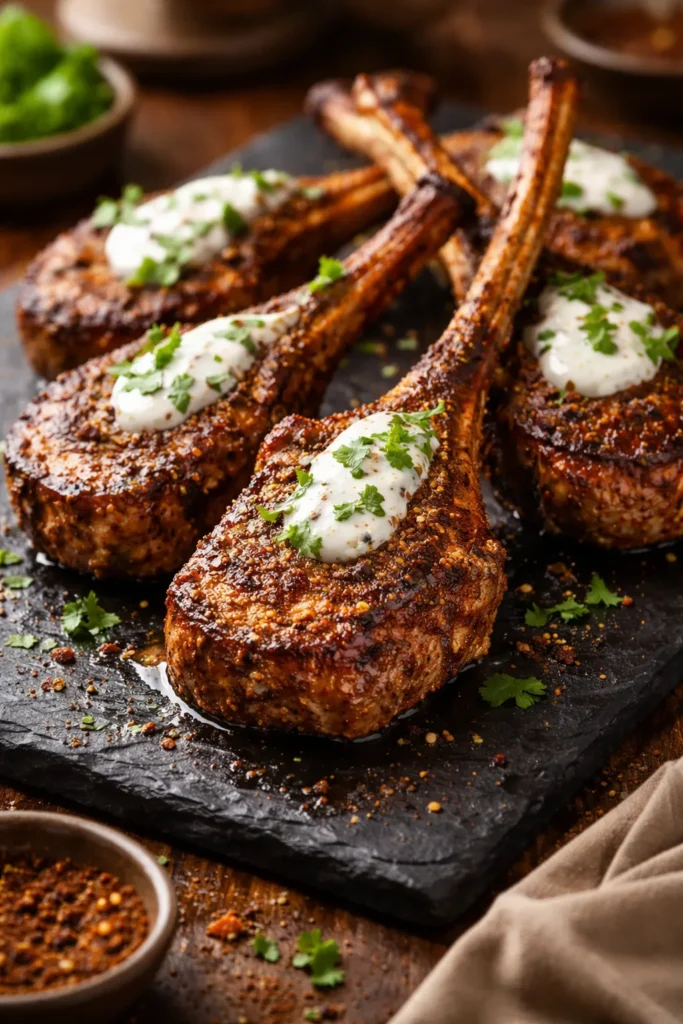 Close-up of Moroccan spiced lamb chops with yogurt glaze on a slate board