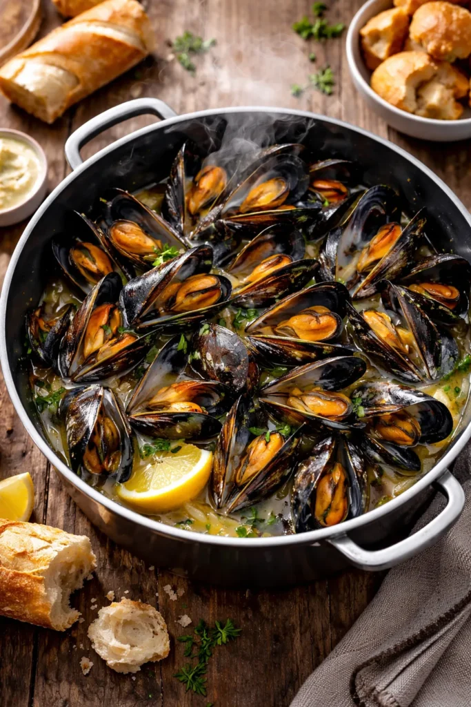 Steaming mussels in white wine shallot broth in a pot.