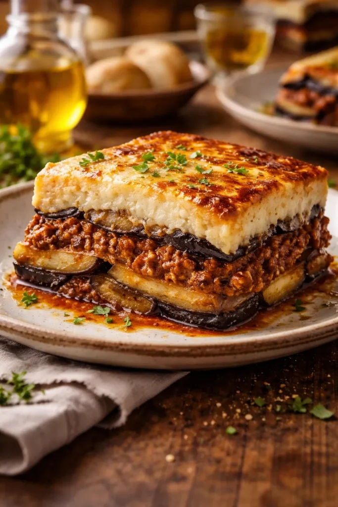Layered moussaka slice showing eggplant, meat sauce and béchamel