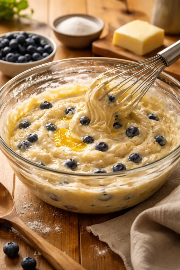 Thick muffin batter in a mixing bowl with a whisk.