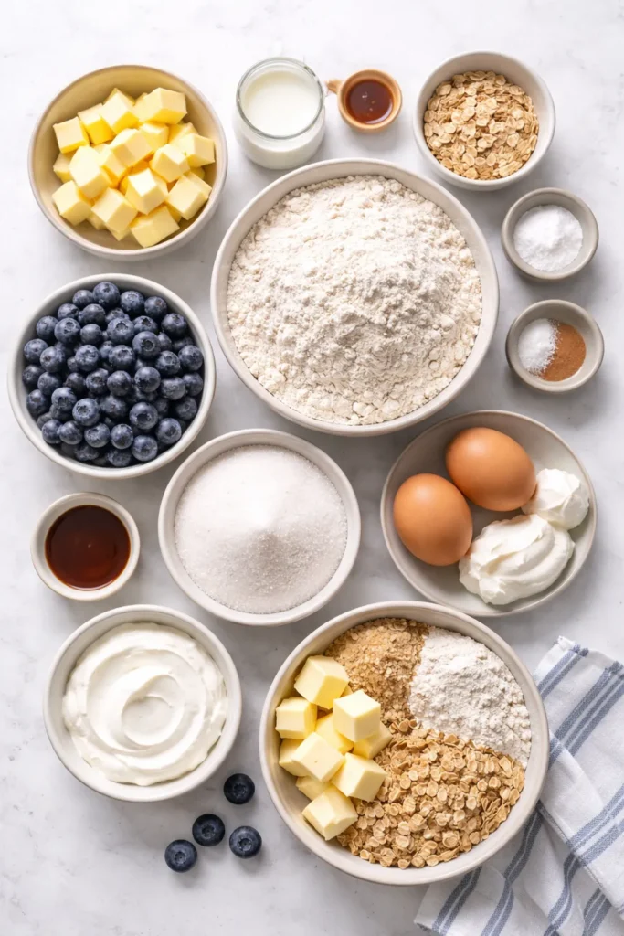 Top-down view of muffin ingredients arranged on a surface