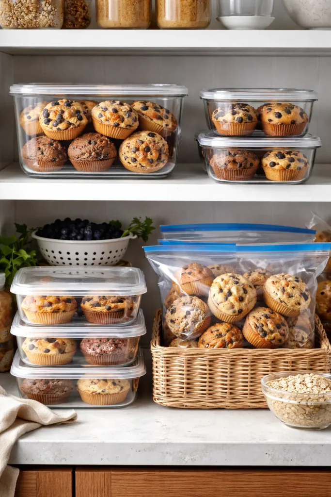 Muffins organized for storage and freezing in containers and bags.
