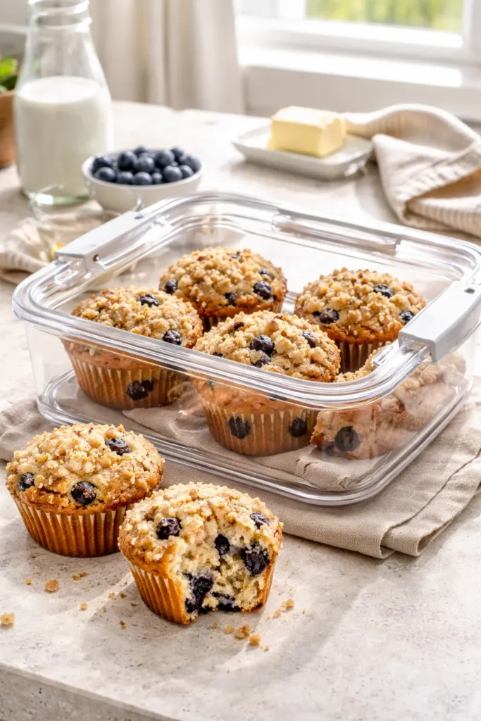 Airtight container with cooled muffins ready for storage