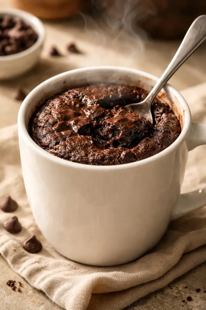 Fudgy mug brownie in a mug with steam