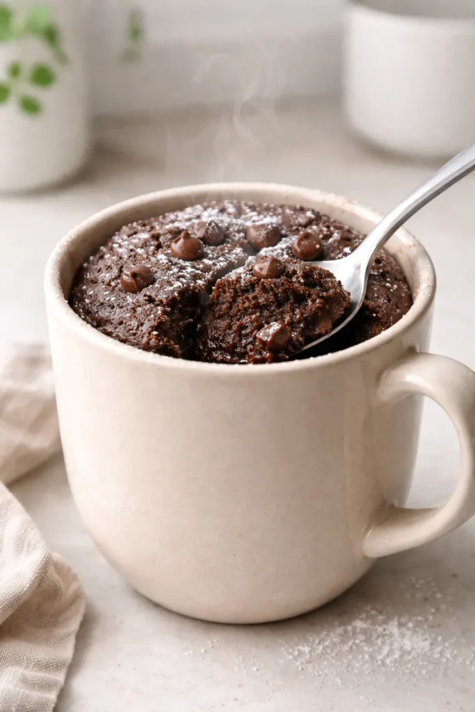 Chocolate mug cake visible in a ceramic mug on a clean counter.