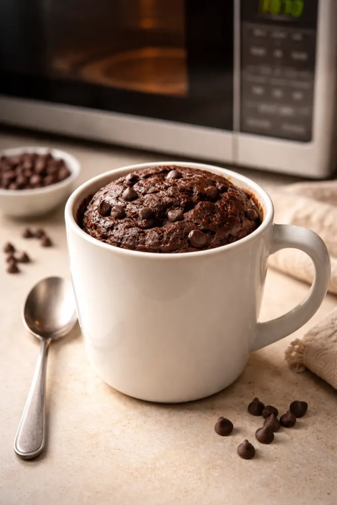 Mug with cake batter rising, on a clean kitchen counter.