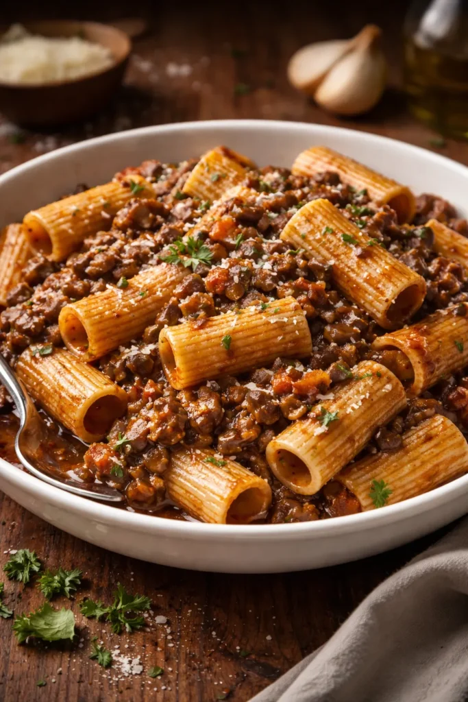 Rigatoni in dark mushroom bolognese sauce