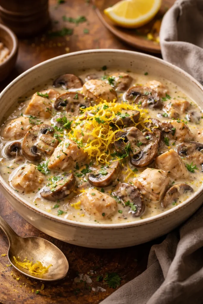 Creamy chicken mushroom stew with lemon zest on top in a bowl.