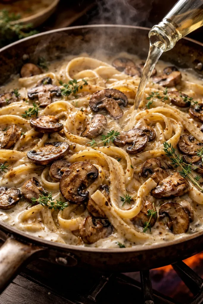 Close-up of mushrooms in creamy pasta sauce with thyme