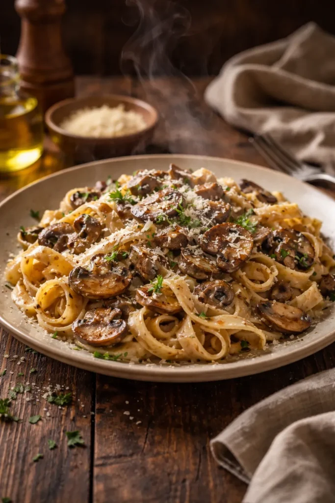 Plated mushroom marsala pasta on wooden table with steam