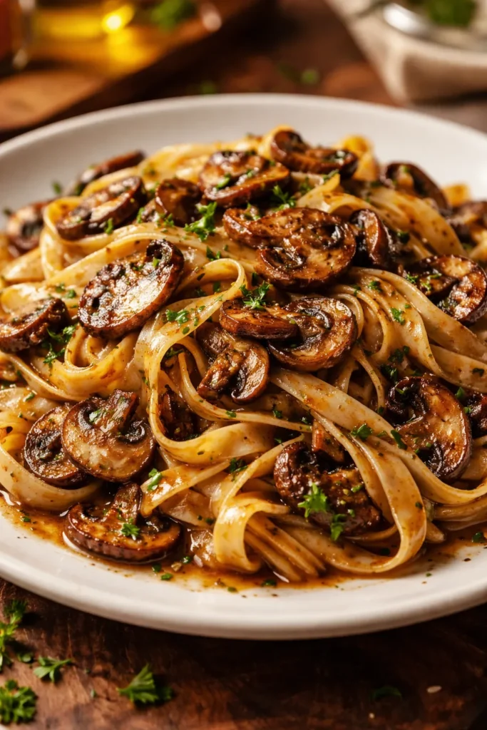 Close-up of mushroom marsala tagliatelle with caramelized mushrooms in glossy sauce