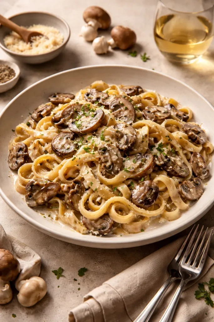 Pasta with creamy mushroom sauce and assorted mushrooms