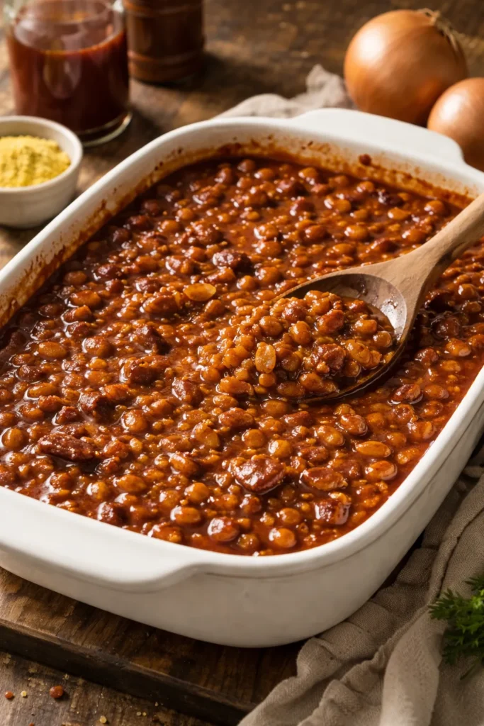 Close-up of Dad's Famous BBQ Baked Beans with Ground Mustard in a baking dish.