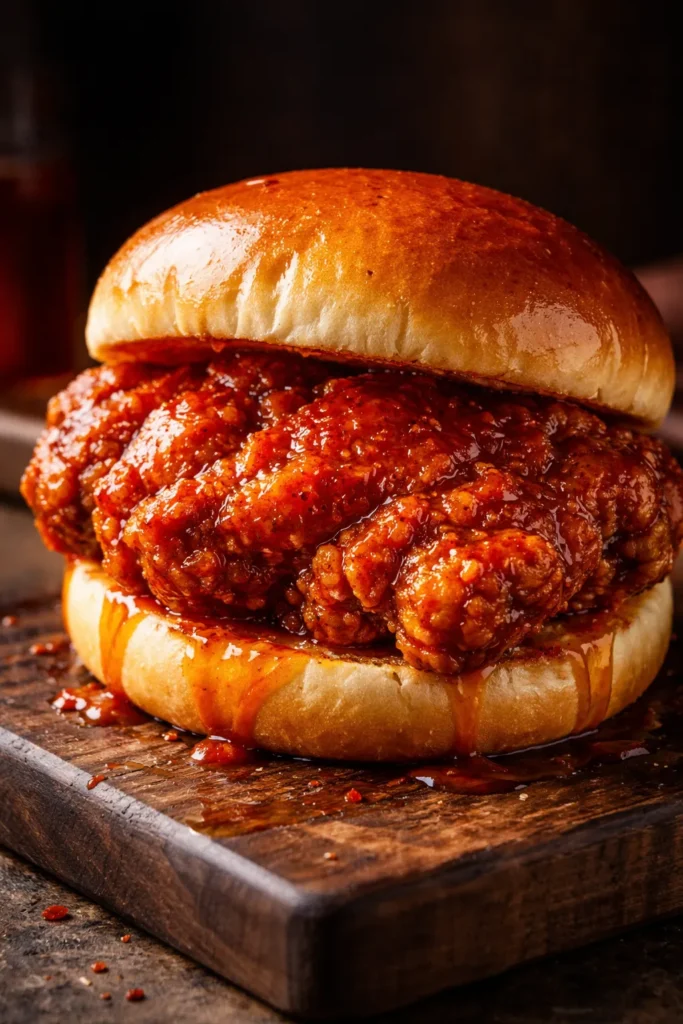 Close-up of Spicy Nashville Hot Chicken Sandwich with fiery glaze