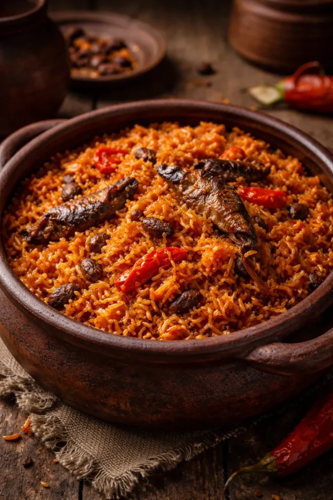Native jollof rice in a clay pot with palm oil color and smoked fish