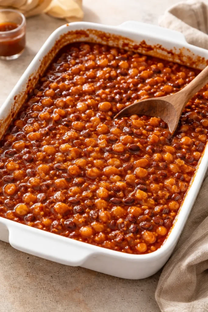 Navy beans in glossy BBQ sauce in a ceramic baking dish.