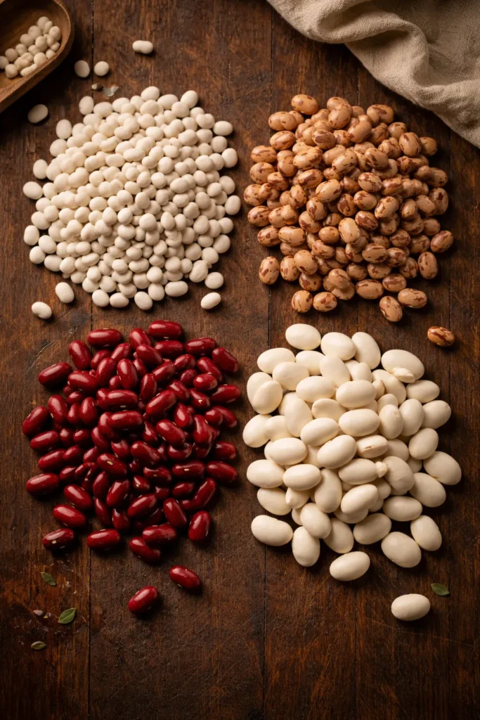 Assorted navy, pinto, red kidney, and Great Northern beans arranged on wood.