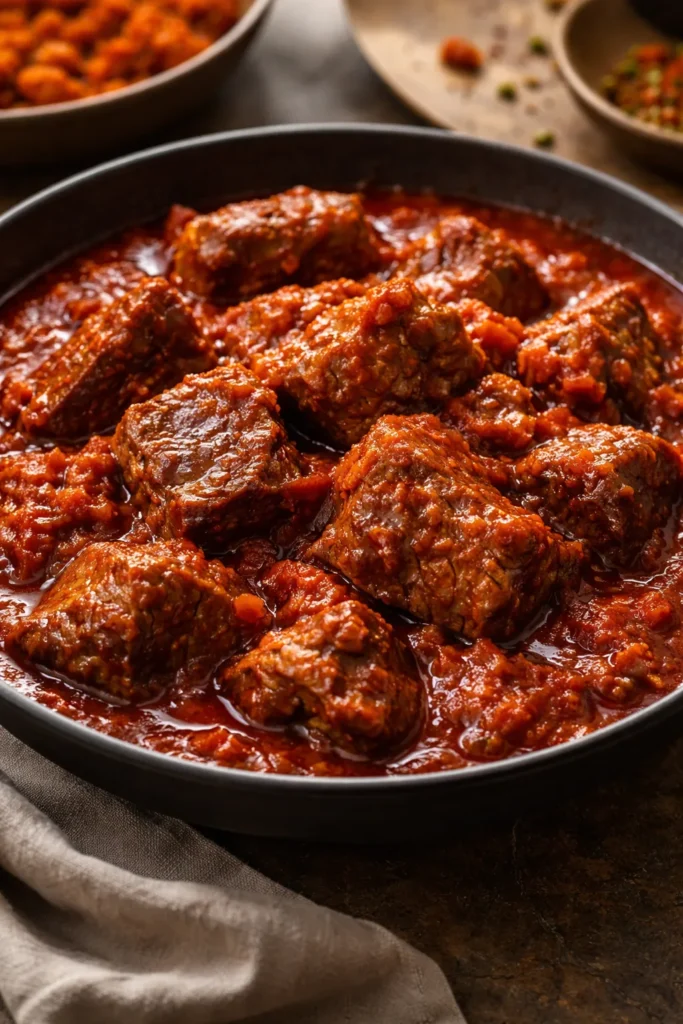 Close-up of Nigerian Beef Red Stew with glossy tomato-pepper sauce and tender beef chunks