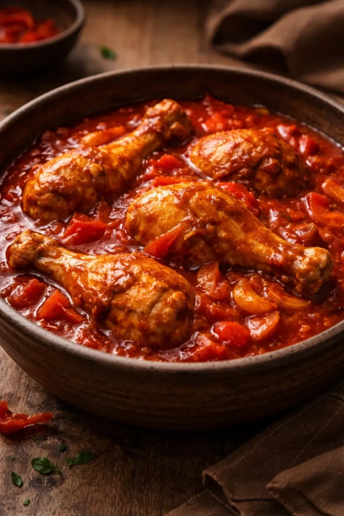 Close-up of Nigerian Tomato and Chicken Stew with tender chicken in glossy tomato sauce