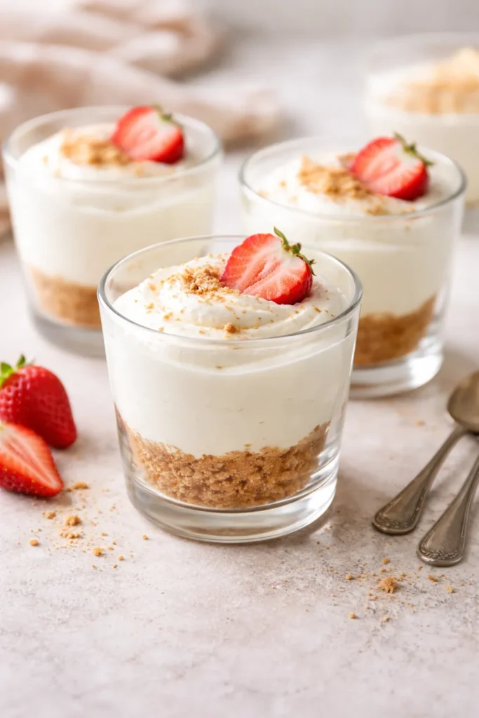 Layered no-bake cheesecake cups in clear glasses