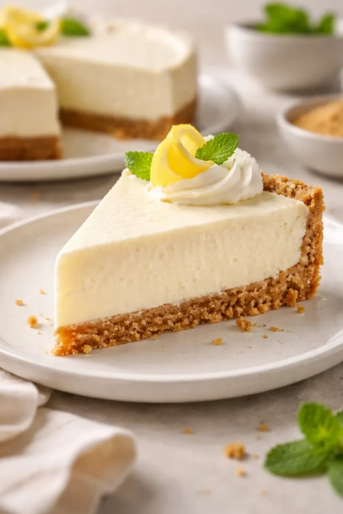 No-bake cheesecake slice with graham crust on a plate