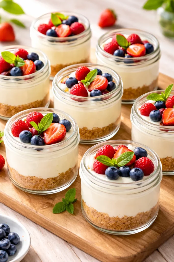 Individual no-bake cheesecake jars with graham crust and creamy filling on a light wood surface