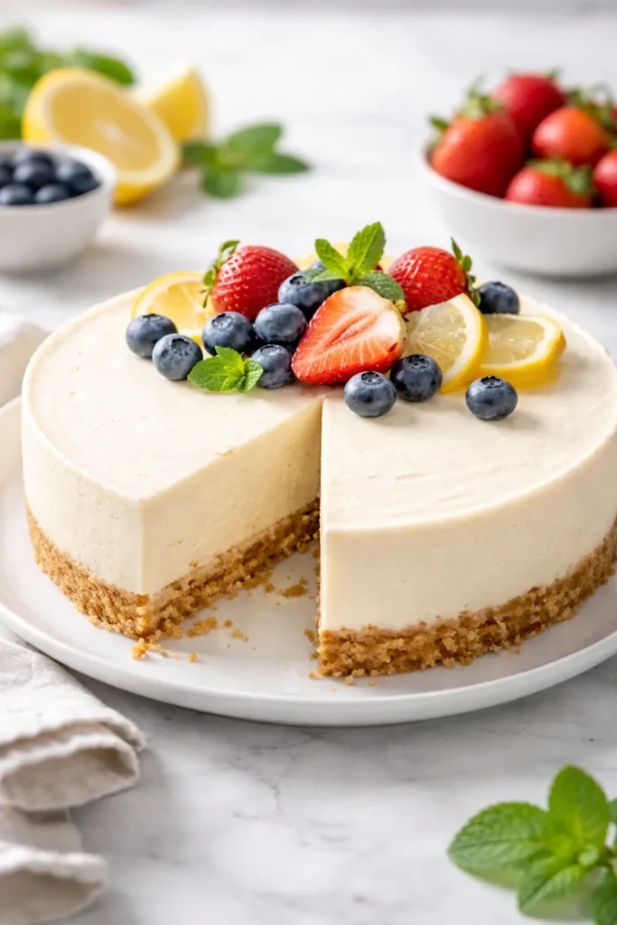 No-Bake cheesecake on plate with creamy filling and graham crust