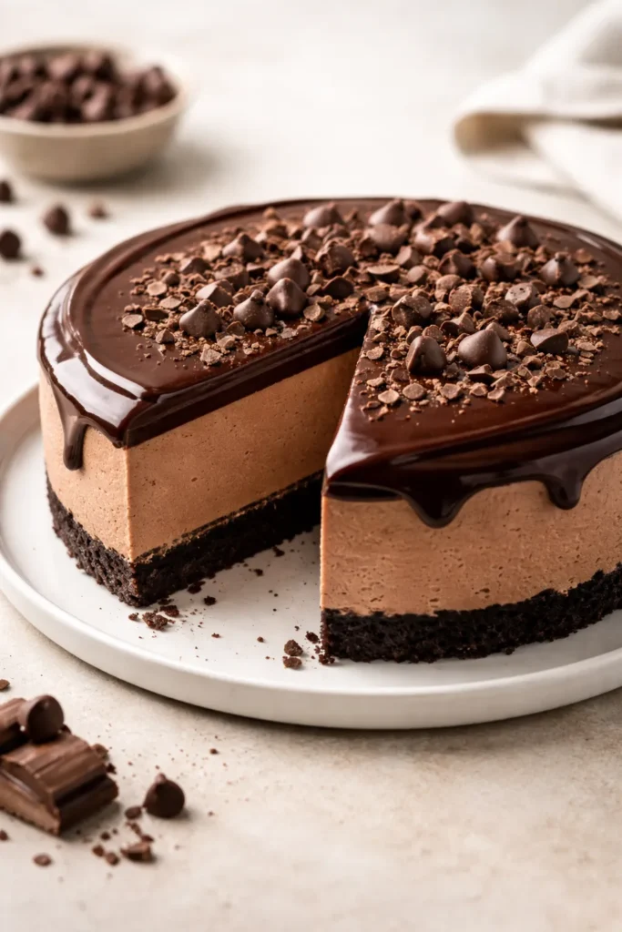 Chocolate ganache-topped no-bake cheesecake on plate