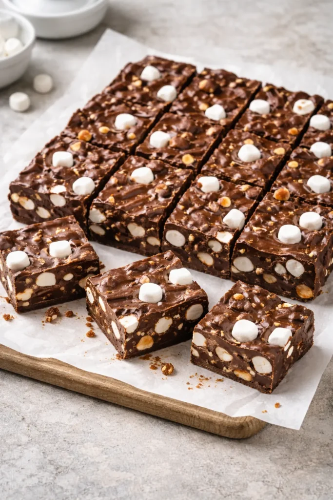 Dense chocolate fudge slab with mini marshmallows on parchment