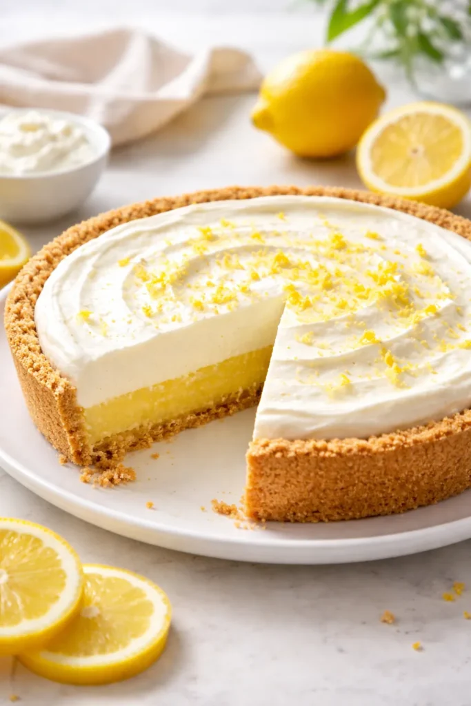 Close-up of lemon cream cheese pie slice on a plate showing bright filling and creamy topping