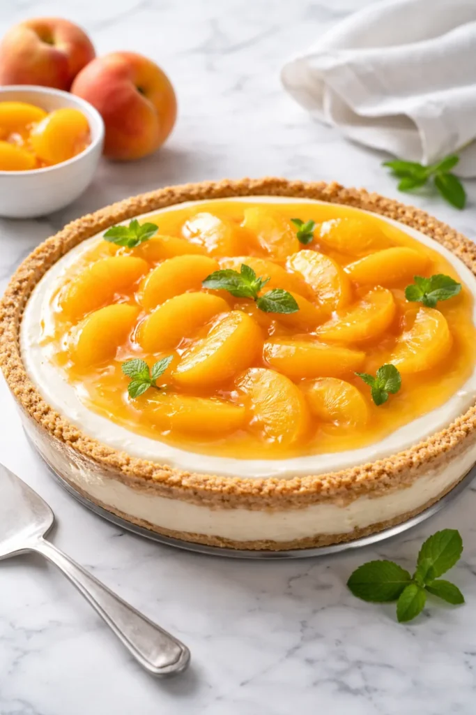 No-bake peach yogurt pie with glossy top and crust edge