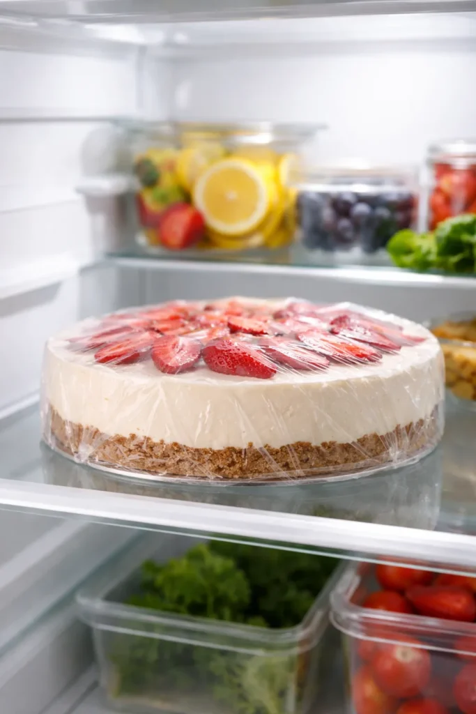 No-bake cake wrapped in plastic wrap on refrigerator shelf