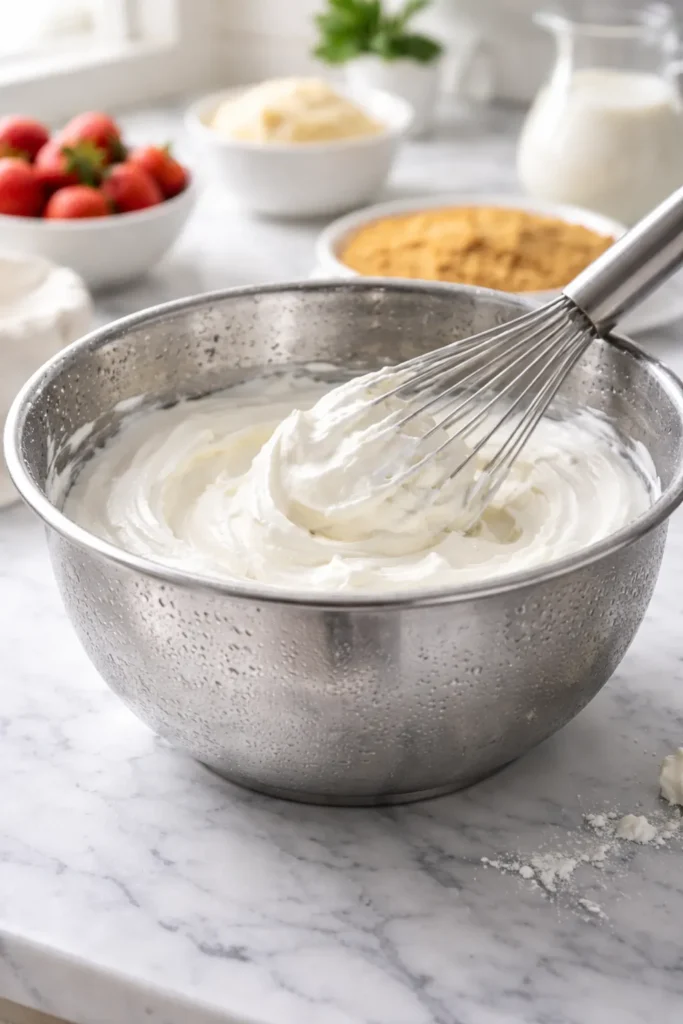 Close-up of cold metal bowl with whipped cream for no-bake cakes