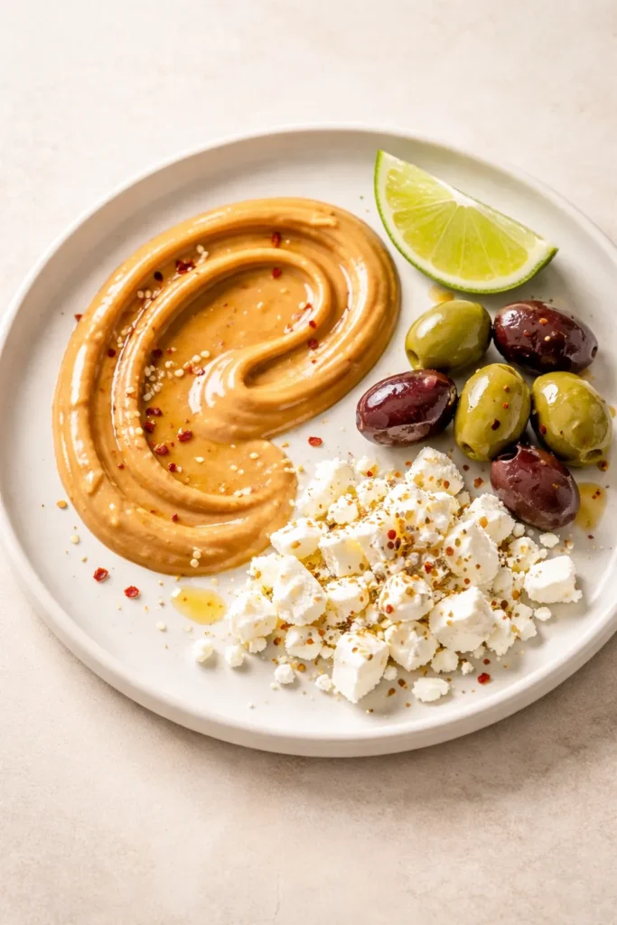 Close-up of a no-heat flavor plate featuring peanut sauce, lime, olives, and feta