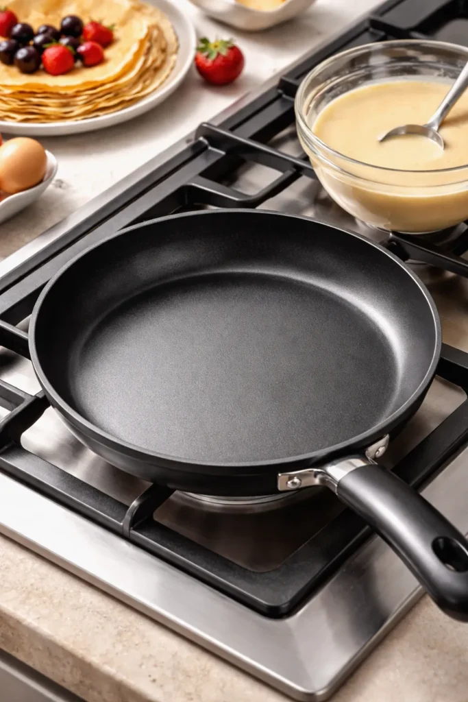 Close-up of a clean non-stick pan on a stove