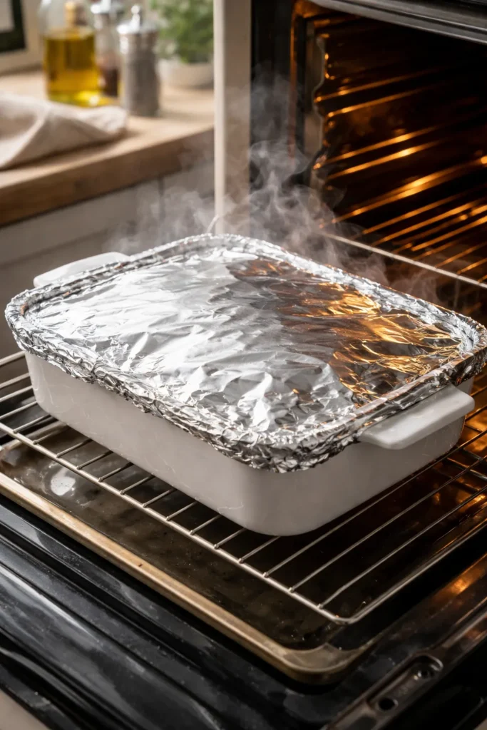 Foiled baking dish for no-peek chicken and rice casserole