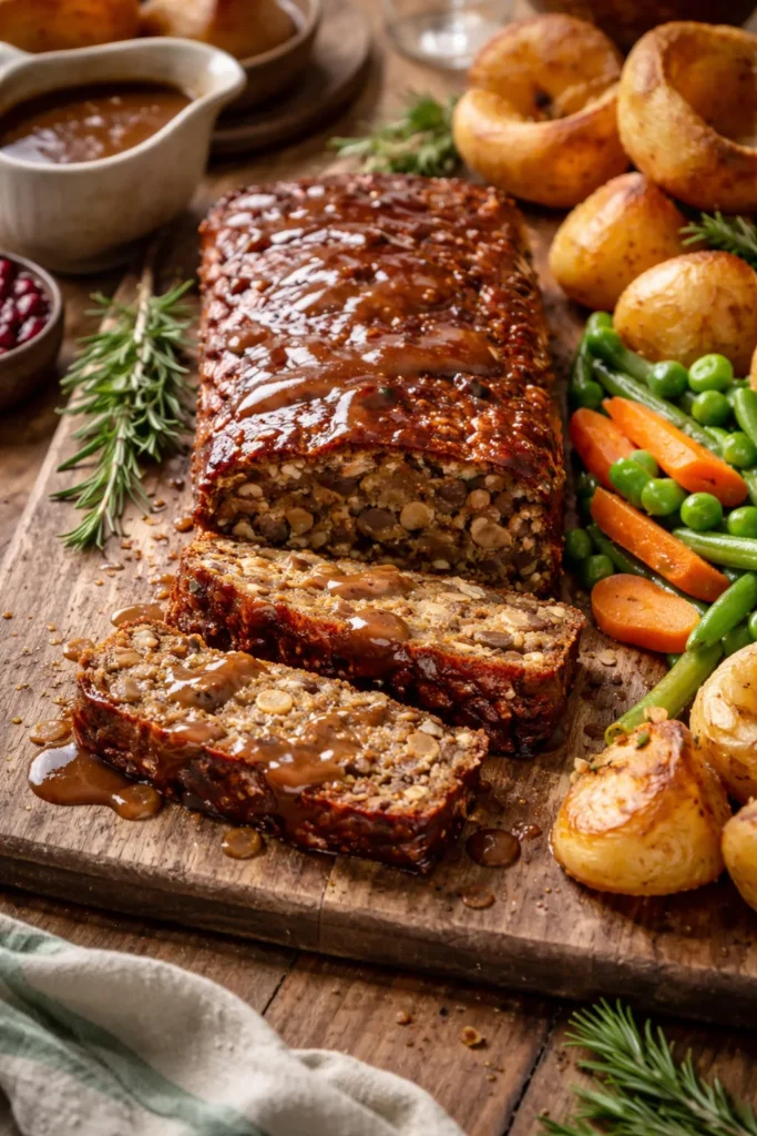 Cross-section view of nut roast with nuts, lentils and mushrooms on wooden board