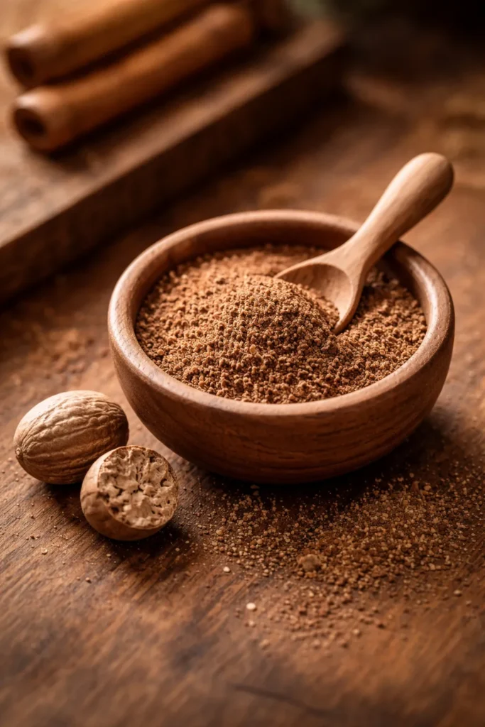 Ground nutmeg in wooden bowl with spoon