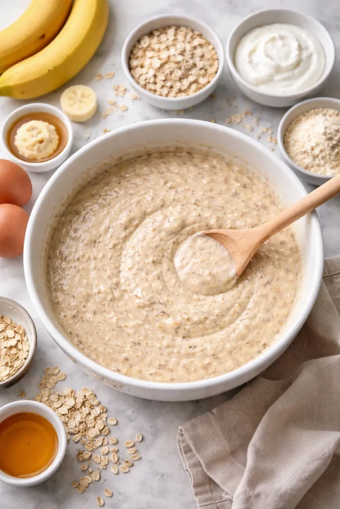 Bowl of oat and banana pancake batter with visible oats and banana
