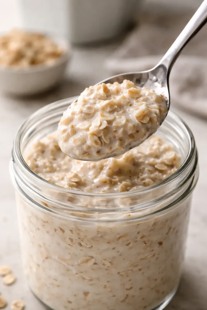 Macro close-up of thick oats on a spoon showing creamy texture