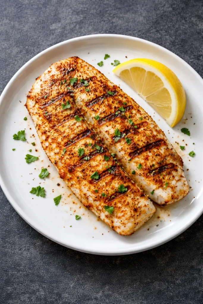 White fish fillet with Old Bay seasoning and lemon wedge on plate