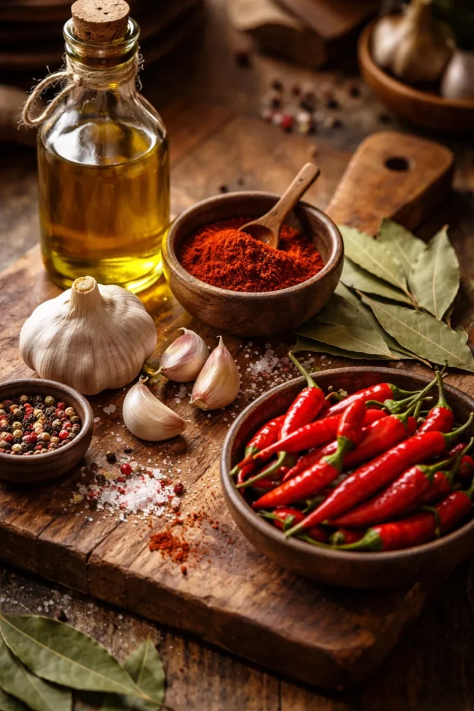 Close up of olive oil, garlic, paprika, bay leaves, and piri-piri peppers on wooden board