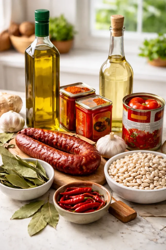 Pantry staples for Portuguese cooking including olive oil, paprika, bay leaves, garlic, beans, tomatoes, chouriço, and white wine